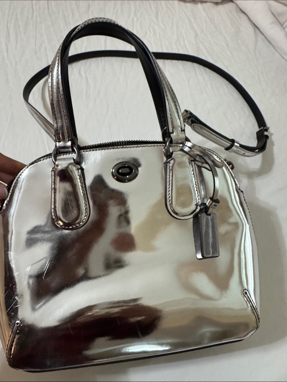 Coach Metallic Silver Dome Satchel with Top Handles and Strap